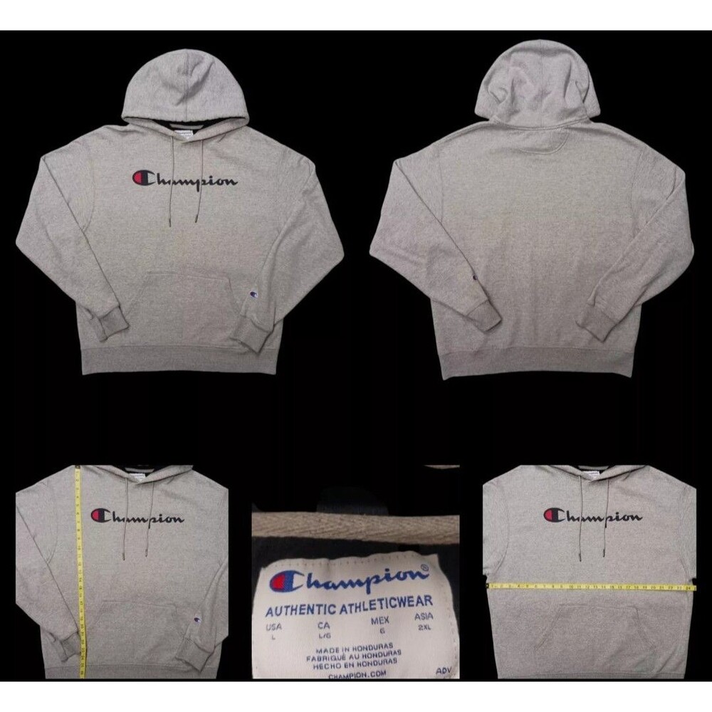 Classic Champion Men's Large Spell out Logo Pullover Hoodie - Gray Authentic